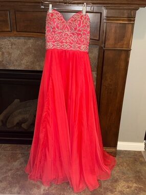 Sherri Hill bright coral prom party dress embellished rhinestone princess sz 8